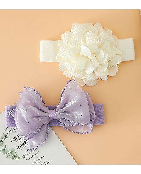 Babyhug Headbands Free Size With Bow & Floral Applique Pack Of 2 - White & Purple
