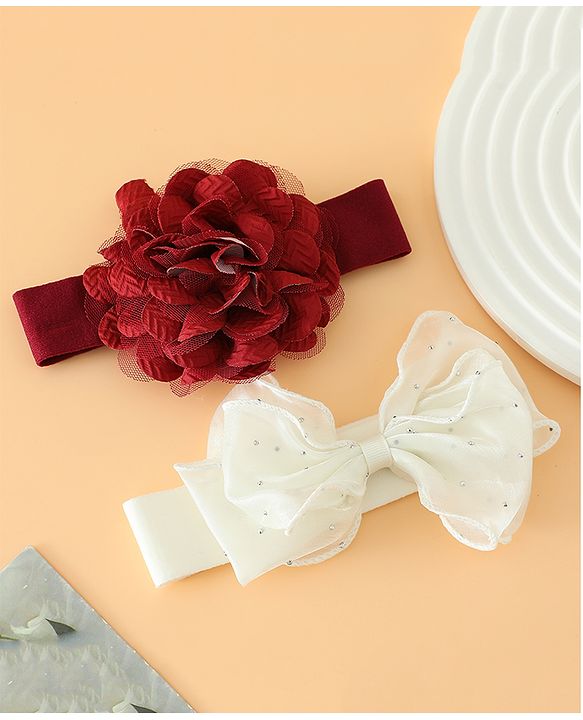 Babyhug Headbands Free Size With Bow & Floral Applique Pack Of 2 - White & Purple
