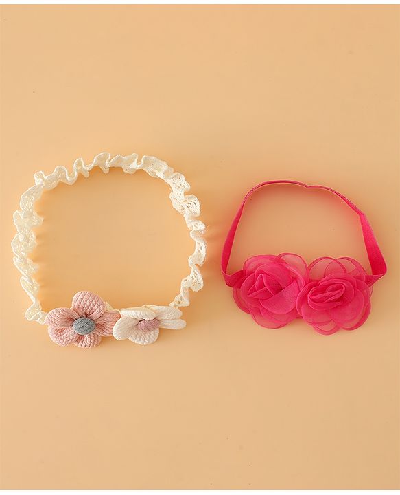 Babyhug Headbands Free Size With Floral Applique Pack Of 2 - White & Red