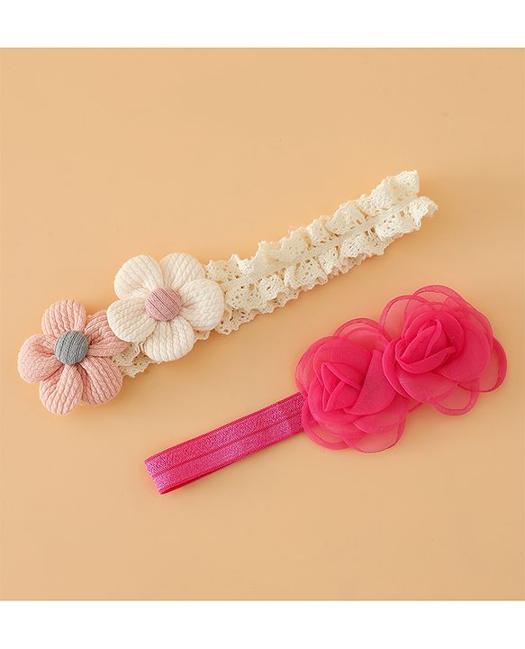 Babyhug Headbands Free Size With Floral Applique Pack Of 2 - White & Red