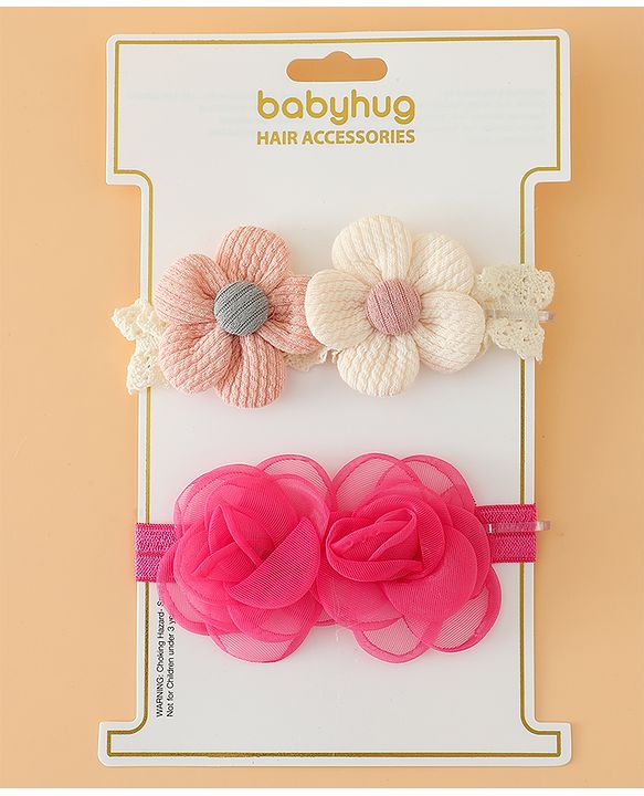 Babyhug Headbands Free Size With Floral Applique Pack Of 2 - White & Red