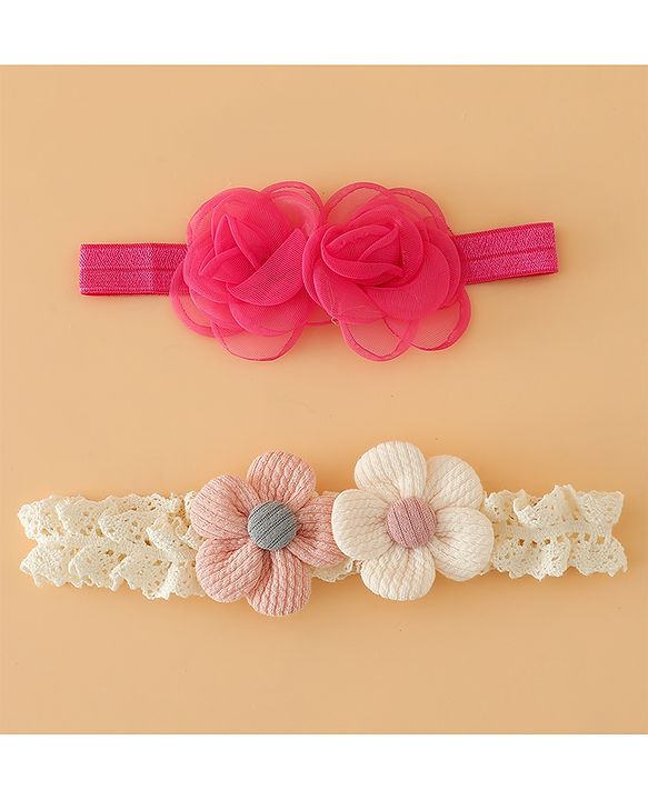 Babyhug Headbands Free Size With Floral Applique Pack Of 2 - White & Red
