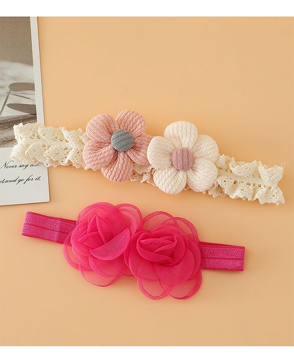 Babyhug Headbands Free Size With Floral Applique Pack Of 2 - White & Red