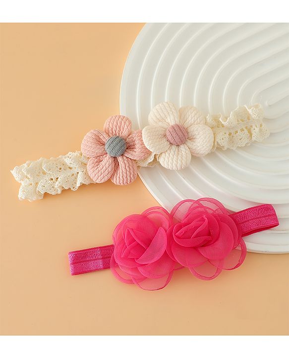 Babyhug Headbands Free Size With Floral Applique Pack Of 2 - White & Red