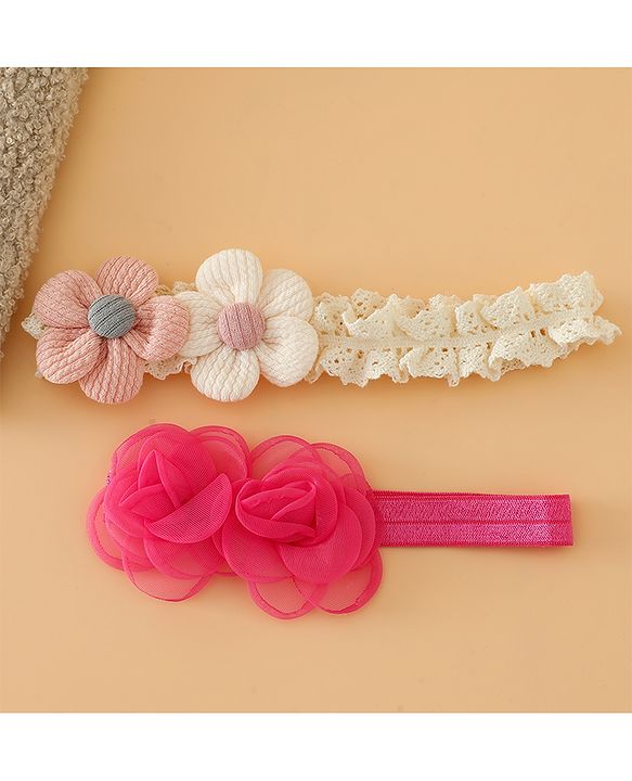 Babyhug Headbands Free Size With Floral Applique Pack Of 2 - White & Red