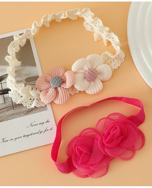 Babyhug Headbands Free Size With Floral Applique Pack Of 2 - White & Red