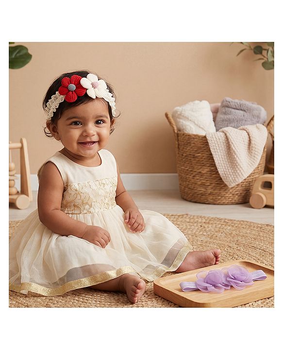 Babyhug Headbands Free Size With Floral Applique Pack Of 2 - White & Red