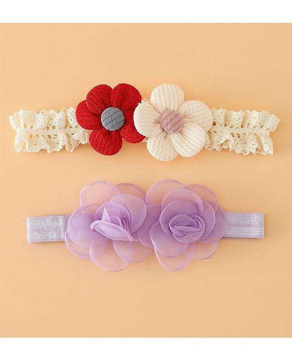 Babyhug Headbands Free Size With Floral Applique Pack Of 2 - White & Red