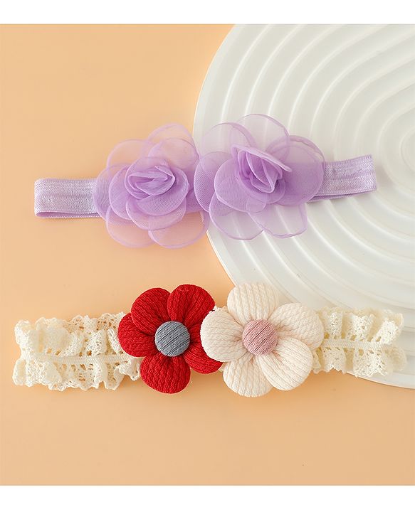 Babyhug Headbands Free Size With Floral Applique Pack Of 2 - White & Red