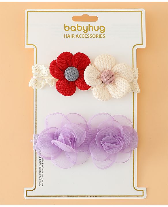 Babyhug Headbands Free Size With Floral Applique Pack Of 2 - White & Red