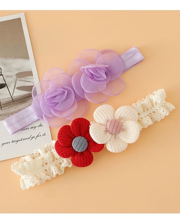 Babyhug Headbands Free Size With Floral Applique Pack Of 2 - White & Red
