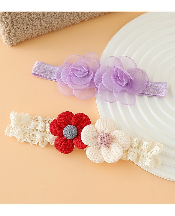 Babyhug Headbands Free Size With Floral Applique Pack Of 2 - White & Red
