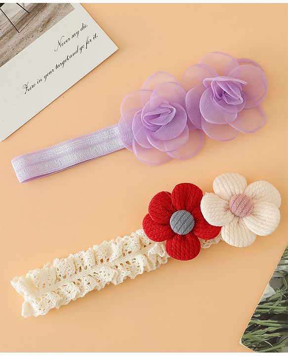 Babyhug Headbands Free Size With Floral Applique Pack Of 2 - White & Red