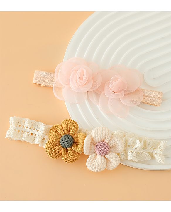 Babyhug Headbands Free Size With Floral Applique Pack Of 2 - White & Red