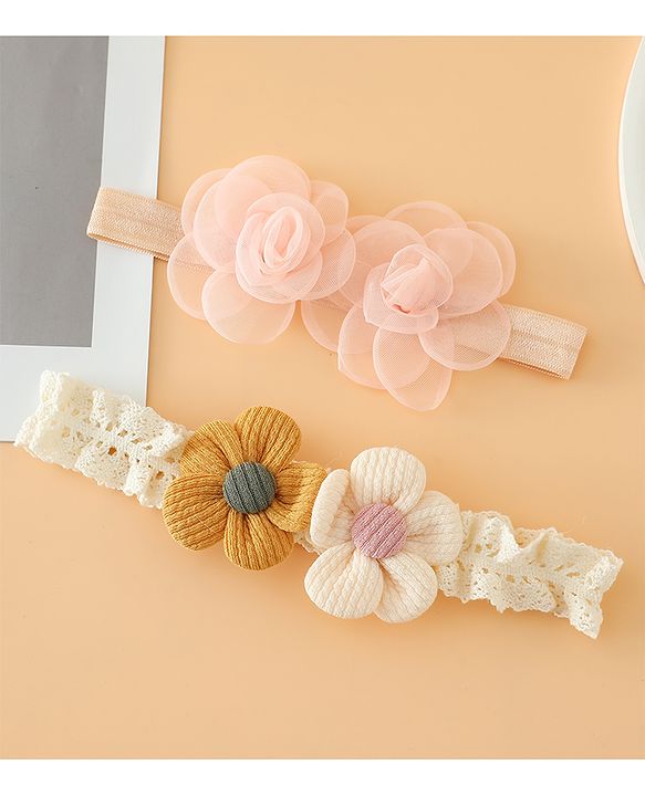 Babyhug Headbands Free Size With Floral Applique Pack Of 2 - White & Red