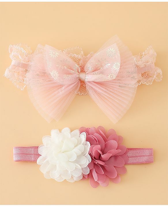 Babyhug Headbands Free Size With Bow & Floral Applique Pack Of 2 - Pink & White