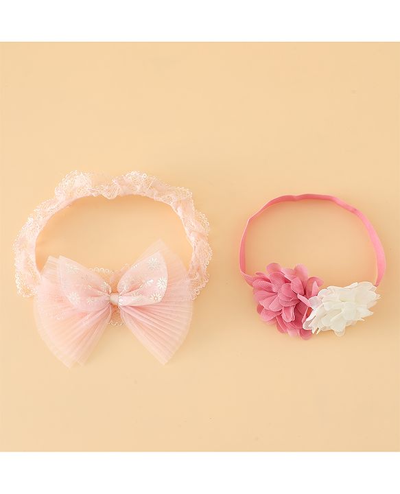 Babyhug Headbands Free Size With Bow & Floral Applique Pack Of 2 - Pink & White