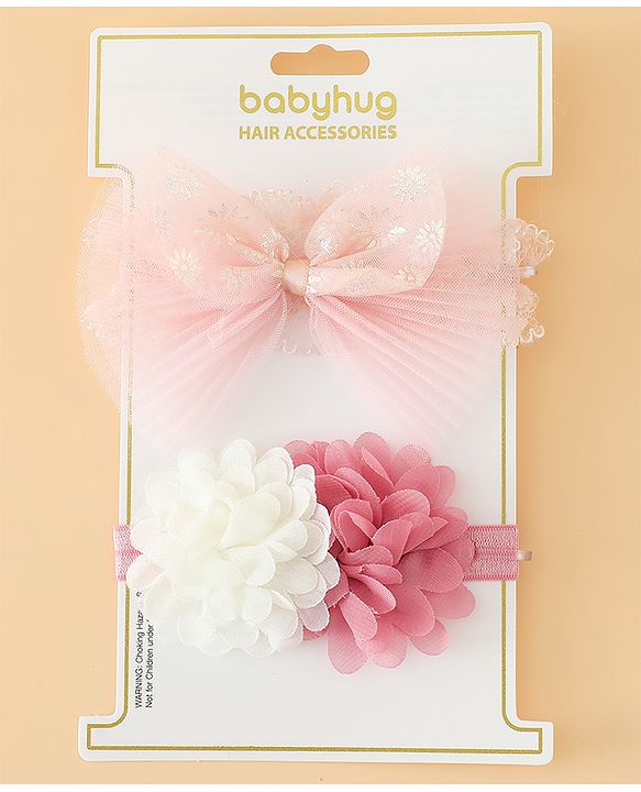 Babyhug Headbands Free Size With Bow & Floral Applique Pack Of 2 - Pink & White