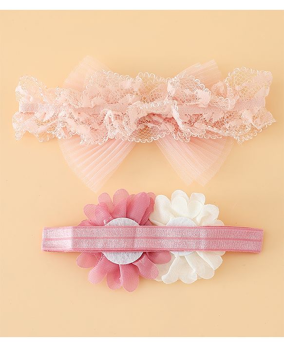 Babyhug Headbands Free Size With Bow & Floral Applique Pack Of 2 - Pink & White