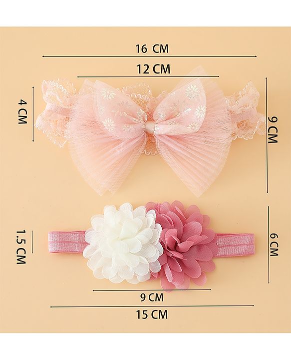 Babyhug Headbands Free Size With Bow & Floral Applique Pack Of 2 - Pink & White