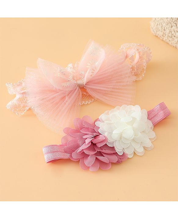 Babyhug Headbands Free Size With Bow & Floral Applique Pack Of 2 - Pink & White