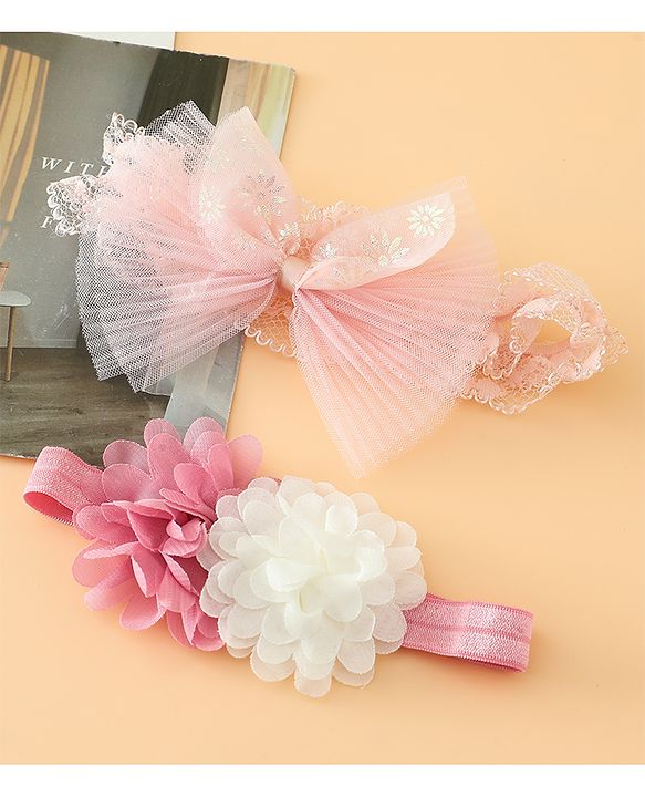 Babyhug Headbands Free Size With Bow & Floral Applique Pack Of 2 - Pink & White