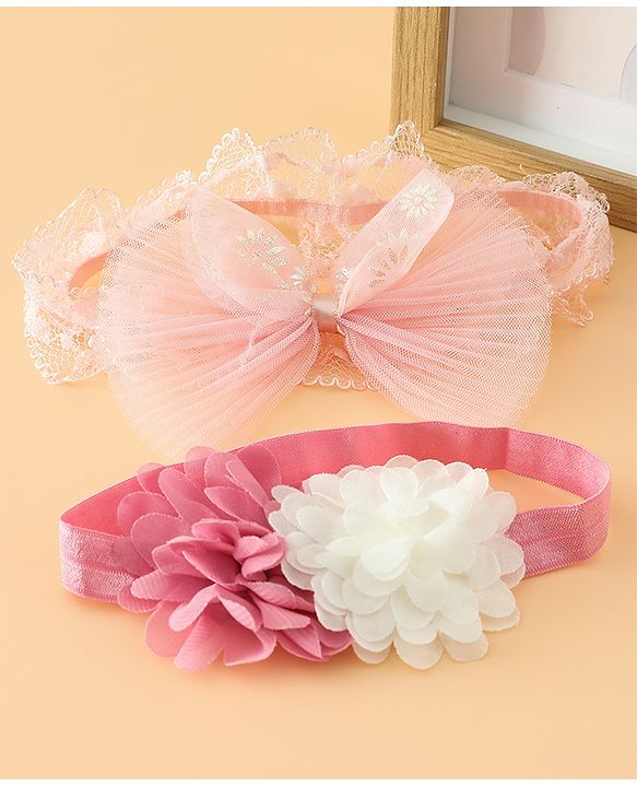 Babyhug Headbands Free Size With Bow & Floral Applique Pack Of 2 - Pink & White