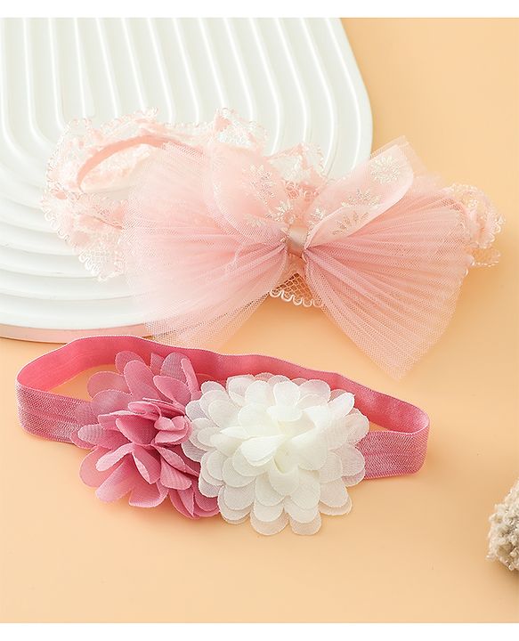 Babyhug Headbands Free Size With Bow & Floral Applique Pack Of 2 - Pink & White