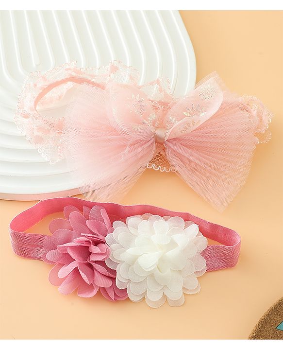 Babyhug Headbands Free Size With Bow & Floral Applique Pack Of 2 - Pink & White