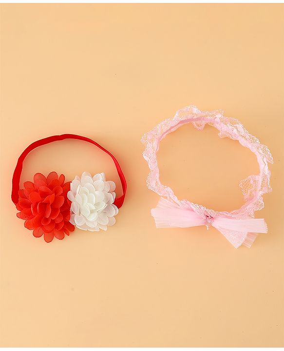 Babyhug Headbands Free Size With Bow & Floral Applique Pack Of 2 - Pink & White