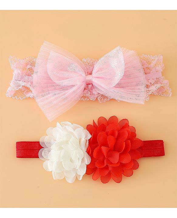 Babyhug Headbands Free Size With Bow & Floral Applique Pack Of 2 - Pink & White