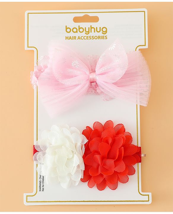 Babyhug Headbands Free Size With Bow & Floral Applique Pack Of 2 - Pink & White