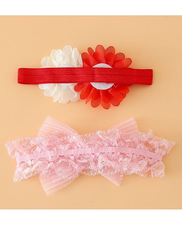 Babyhug Headbands Free Size With Bow & Floral Applique Pack Of 2 - Pink & White