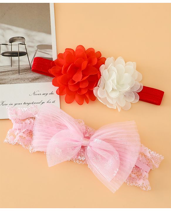 Babyhug Headbands Free Size With Bow & Floral Applique Pack Of 2 - Pink & White