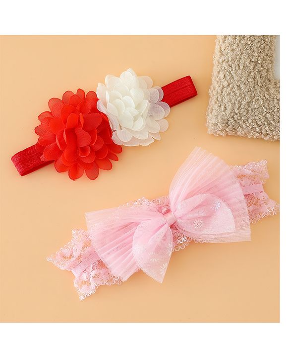 Babyhug Headbands Free Size With Bow & Floral Applique Pack Of 2 - Pink & White