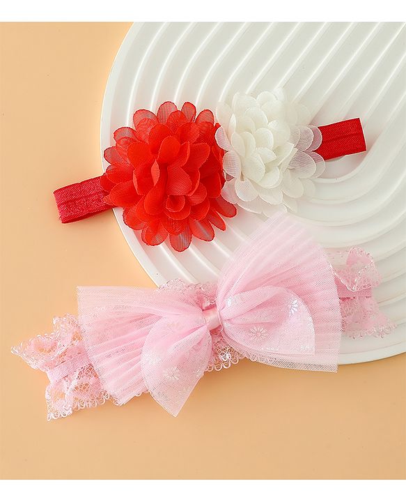 Babyhug Headbands Free Size With Bow & Floral Applique Pack Of 2 - Pink & White