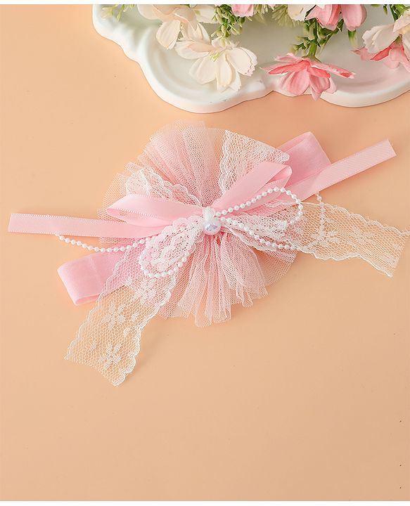 Babyhug Headband With Lace Bow Detailing & Pearl Applique Free Size - Pink