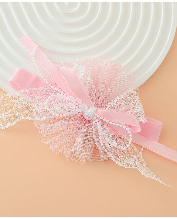 Babyhug Headband With Lace Bow Detailing & Pearl Applique Free Size - Pink