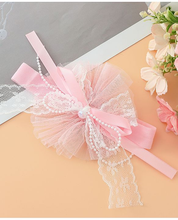 Babyhug Headband With Lace Bow Detailing & Pearl Applique Free Size - Pink