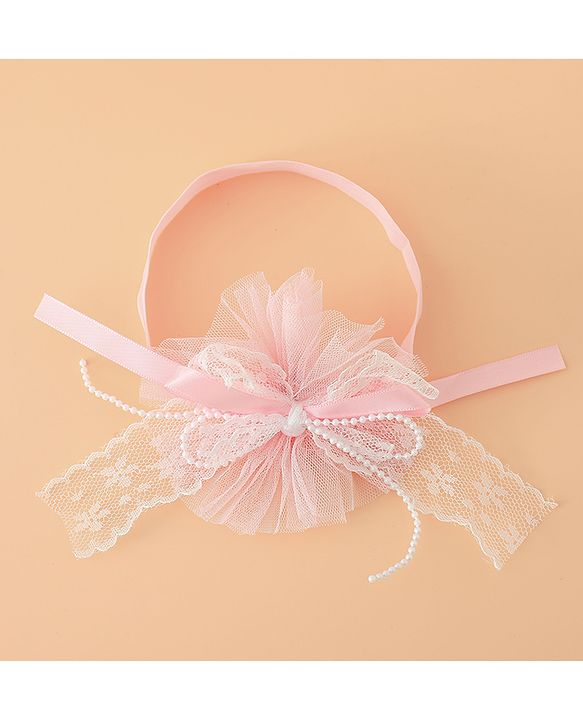 Babyhug Headband With Lace Bow Detailing & Pearl Applique Free Size - Pink