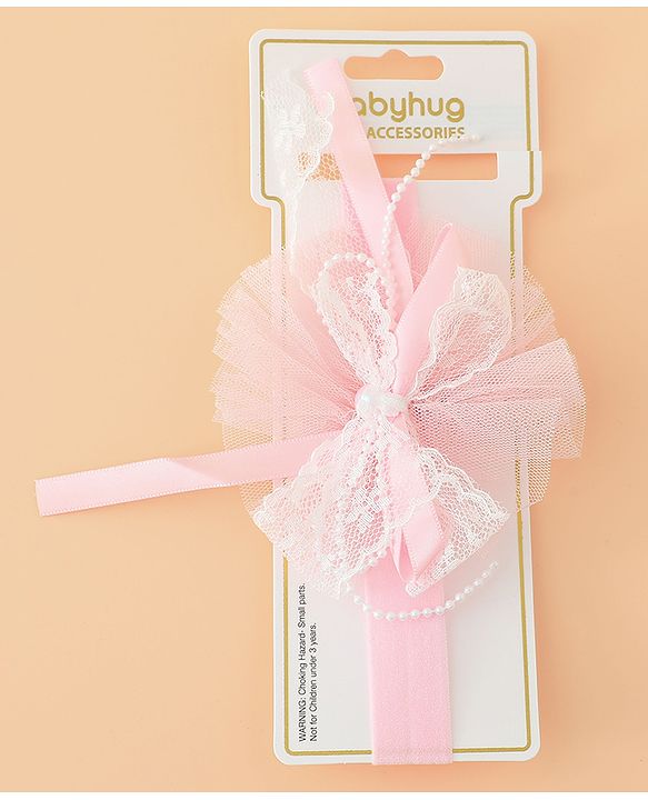Babyhug Headband With Lace Bow Detailing & Pearl Applique Free Size - Pink