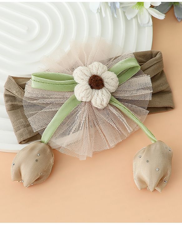 Babyhug Free Size Baby Headbands With Floral & Bow Applique - Light Brown