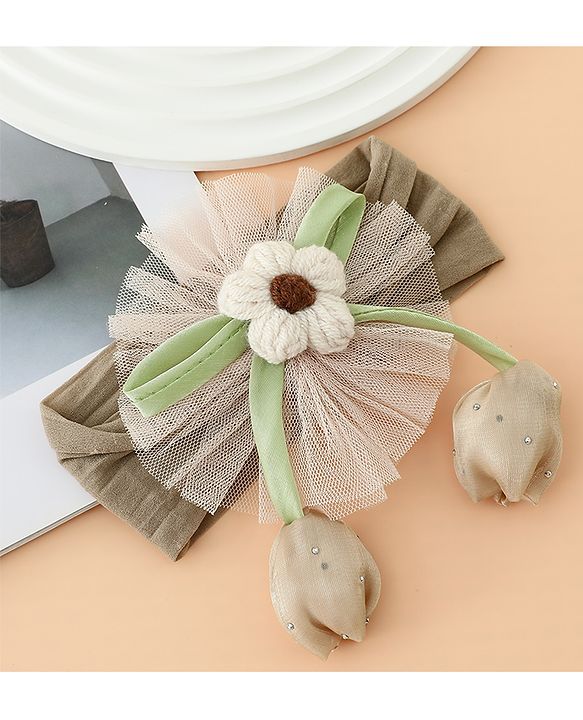 Babyhug Free Size Baby Headbands With Floral & Bow Applique - Light Brown