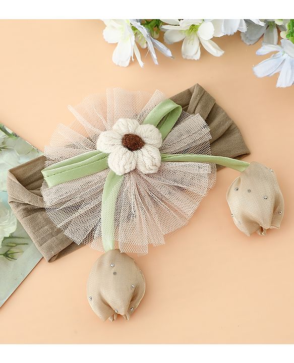 Babyhug Free Size Baby Headbands With Floral & Bow Applique - Light Brown
