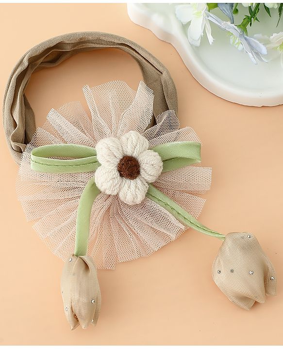 Babyhug Free Size Baby Headbands With Floral & Bow Applique - Light Brown