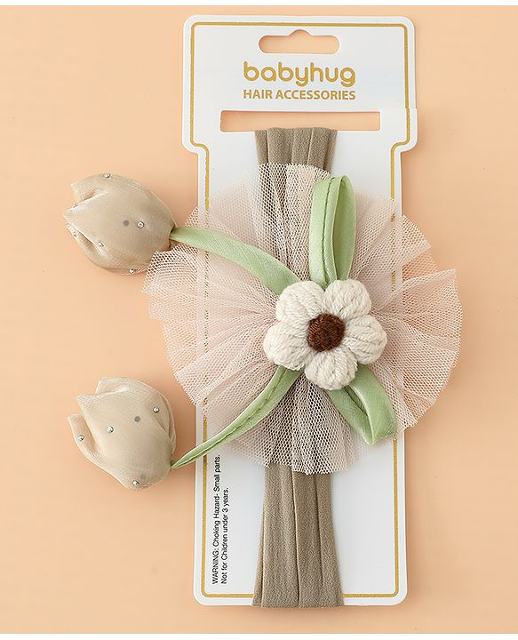 Babyhug Free Size Baby Headbands With Floral & Bow Applique - Light Brown