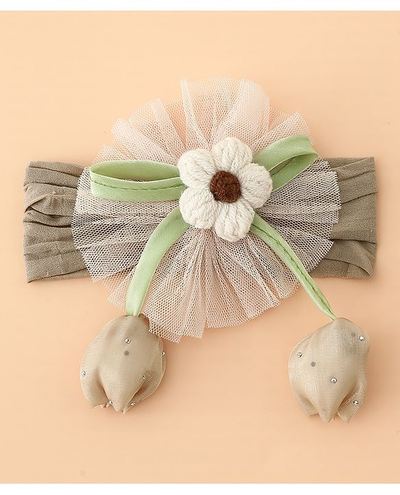 Babyhug Free Size Baby Headbands With Floral & Bow Applique - Light Brown