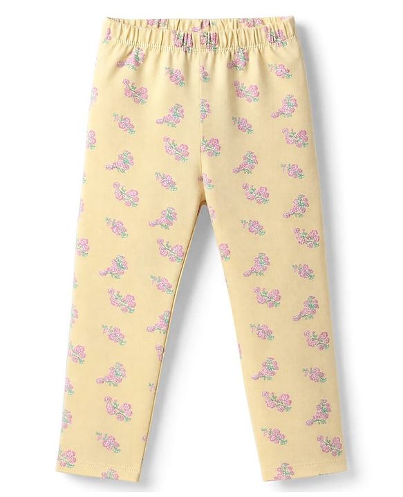 Babyhug Cotton Lycra Elastane Knit Full Length Solid & Floral Printed Leggings Pack Of 2 - Pink & Yellow