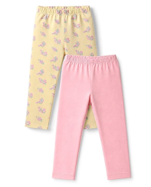 Babyhug Cotton Lycra Elastane Knit Full Length Solid & Floral Printed Leggings Pack Of 2 - Pink & Yellow