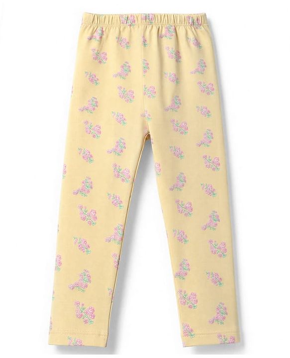 Babyhug Cotton Lycra Elastane Knit Full Length Solid & Floral Printed Leggings Pack Of 2 - Pink & Yellow